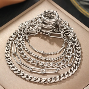 Silver multilayer stainless steel bracelet set with Cuban and paperclip chain link styles