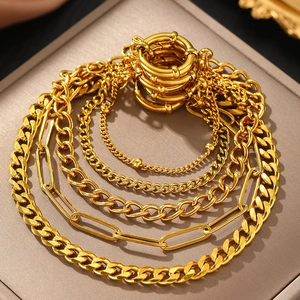 18K gold plated stainless steel chain bracelet set featuring paperclip and blade link styles