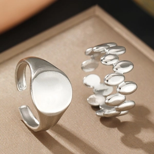Irregular geometric stainless steel open rings set in polished silver finish for women