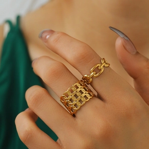 Chain Link Ring Stainless Steel 18K Gold Plated Adjustable Open Geometric Vintage Fashion Women Jewelry
