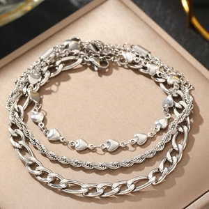 Dreilagiges Edelstahl-Herrenarmband mit kubanischer Kette und Kordelkette in Silber