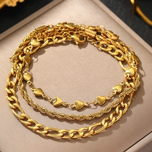 Dreiteiliges goldenes kubanisches Gliederarmband-Set für Herren aus poliertem Edelstahl