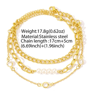 Bracelet multi-rangs doré en acier inoxydable avec perles et cristaux 17cm+5cm