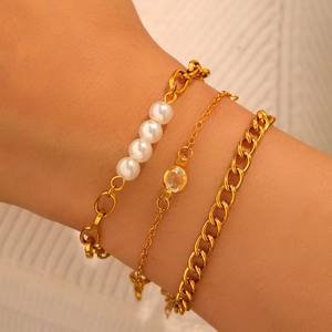 Bracelet En Acier Inoxydable Chaîne Cubaine Multicouche Avec Künstliche Perles D'imitation Et Zircone Accessoire Mode Rétro Femmes