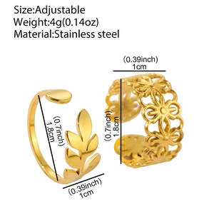 Adjustable gold plated stainless steel rings with hollow floral and leaf motifs