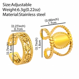 Adjustable golden stainless steel ring set with geometric wave and beaded oval designs