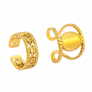 Adjustable golden stainless steel ring set with geometric eye pattern and beaded bands