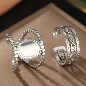 Minimalist stainless steel open rings with geometric cross design and beaded edges