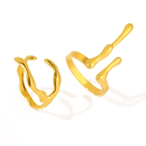 Golden irregular wavy ring set with liquid metal lava style and adjustable open design