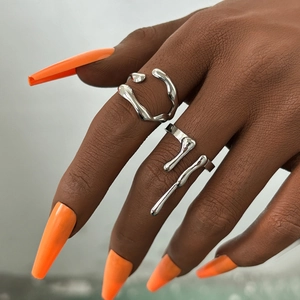 Irregular liquid metal silver rings set featuring fluid melting design and open fit