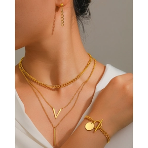 Bijoux En Acier Inoxydable Colliers Superposés Pendentifs En V Barre Bracelet Boucle OT Boucles D'oreilles Géométrique Minimaliste
