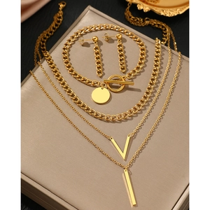 Parure de colliers multicouches dorés avec pendentifs en V et bracelet à boucle OT