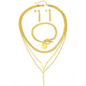 Ensemble collier multicouche doré avec pendentif en V et barre pour femmes