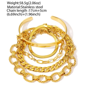 5-piece gold stainless steel bracelet set featuring C-shape cuff and chunky twist chains