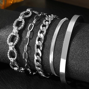 Five-piece silver minimalist bracelet set with chunky twist rope and Cuban link chains