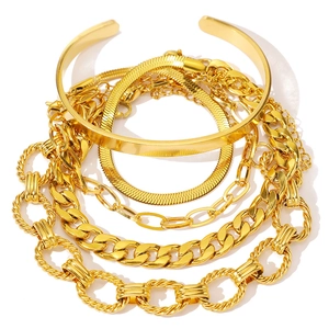 5-piece gold bracelet set featuring smooth C-shaped bangle and mixed link chains