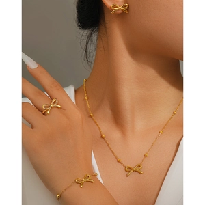 Fashion Stainless Steel Bow Jewelry Collection Gold Silver Bowtie Necklace Bracelet Adjustable Ring Earrings For Women