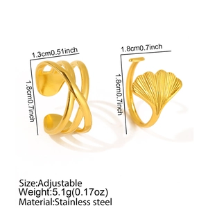 Detailed view of adjustable 18K gold plated stainless steel ginkgo leaf and crisscross rings