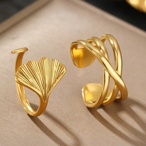 18K gold plated stainless steel leaf ring and geometric layered open ring set