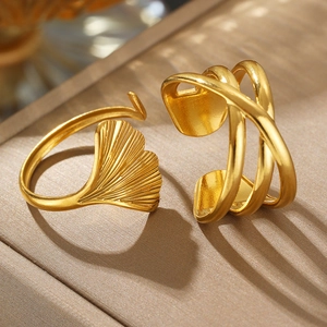 Ginkgo Leaf And Cross Layered Geometric Adjustable Rings Stainless Steel 18K Gold Plated French Retro Minimalist Jewelry