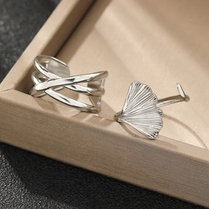 French vintage stainless steel leaf ring set with 18K gold plating and open design