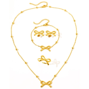 4-piece golden bow jewelry set including necklace, bracelet, earrings and open ring