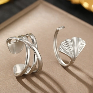 Adjustable silver leaf and multilayer criss-cross open ring set for women