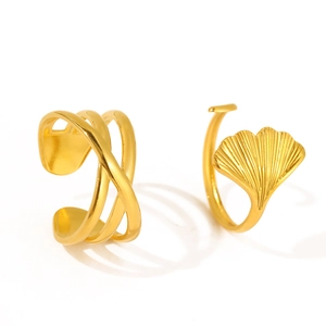 French vintage 18K gold plated leaf ring and minimalist hollow crossover ring set