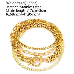 Golden multi-layer stainless steel hip-hop chain jewelry set with OT toggle clasp