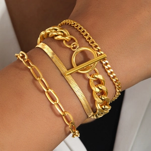 Stainless Steel Multilayer Chain Bracelet Set For Women Gold Silver Plated OT Toggle Clasp Punk Cuban Snake Link Jewelry