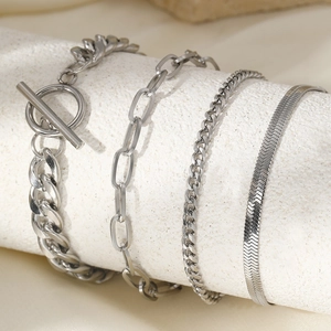 Silver layered stainless steel bracelet set with OT buckle and snake chain