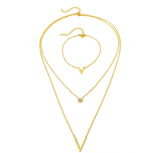 Parure bijoux en acier doré avec pendentifs en V et un anneau serti de zircon brillant