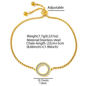 Detail view of adjustable gold stainless steel box chain bracelet with zircon circle pendant