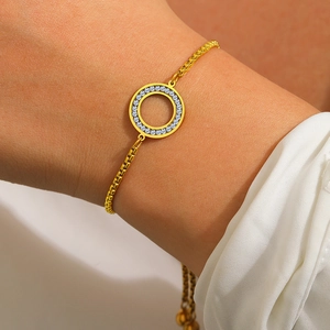Hollow Round Ring Charm Bracelet Stainless Steel Cubic Zirconia Pave Adjustable Box Chain Slide Clasp Fashion Jewelry