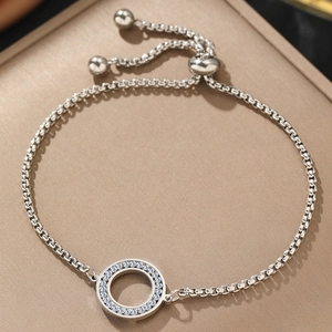 Silver stainless steel bracelet with cubic zirconia hollow circle charm and slider chain