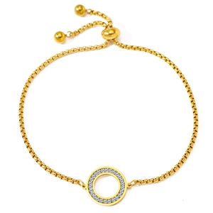 Adjustable gold box chain bracelet with sparkling crystal paved hollow round charm