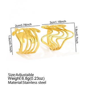 Detailed view of adjustable wavy gold stainless steel rings with size and weight specs