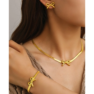 Bowknot Stainless Steel Jewelry Necklace Bracelet Stud Earrings Herringbone Snake Chain Minimalist Elegant For Women