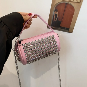 Chic pink cylinder rhinestone handbag with silver chain strap for women fashion