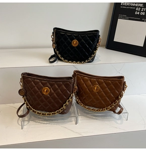 Detailed close-up of quilted chain bags in black, coffee, and caramel PU leather