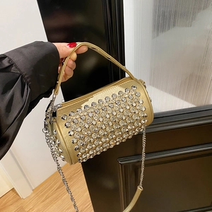 Elegant gold cylindrical handbag with rhinestones and metal chain strap for women