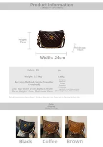 Detailed size chart and multi-color options for diamond quilted PU chain bucket bags