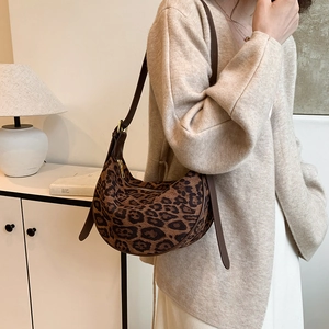 Retro leopard print crescent crossbody bag with brown leather strap for women