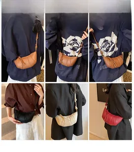 Collage of mini croissant bags in brown, black, cream, and red with knotted shoulder straps