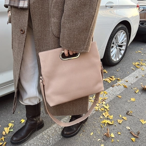 Pink corduroy large capacity shoulder bag with gold metal handle for women