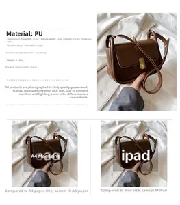 Close-up of brown PU leather crossbody bag featuring gold hardware and dimensions detail