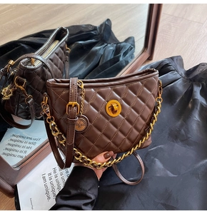 Detailed mirror view of dark brown quilted crossbody bag with gold chain and twist lock