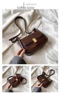 Detailed views of the coffee brown small crossbody bag with gold buckle and textured finish