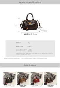 Detailed size specifications and material info for the PU leather Boston handbag