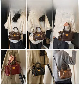 Collage of chic vintage Boston bags in four colors showing various ways to wear and carry